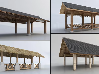Outdoor Wooden Pergola Designs Featuring Tile Thatched Roofs Columns And Railings 3d model