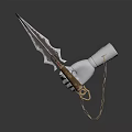 White Hand Holding Ornate Sword With Golden Accents Black Details And Chain