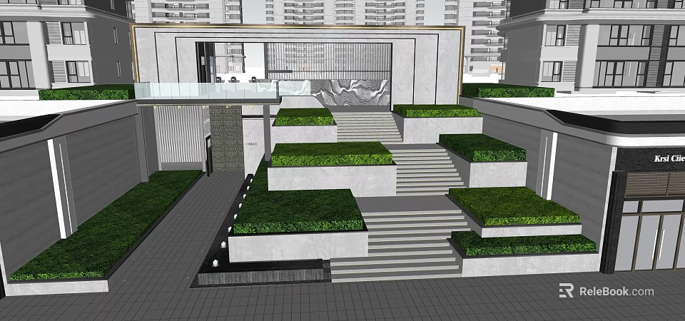 Modern Outdoor Stairs With Green Planters And Architectural Landscape Design 3d model 