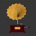 Vintage Gramophone With Yellow Flower Shaped Horn And Red Wooden Base