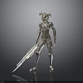 Silver Armored Character With Horned Helmet Holding Intricate Spear In Standing Pose