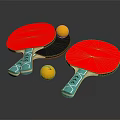 Red Table Tennis Rackets With Blue Handles And Yellow Balls On Dark Surface