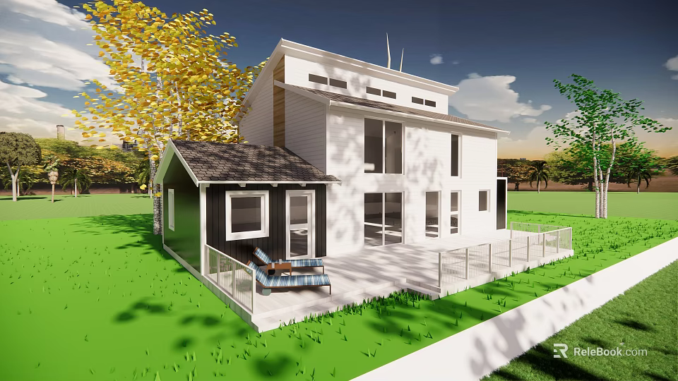 Modern Single Family Home With White Exterior Black Windows Patio Railing And Green Lawn 3d model 