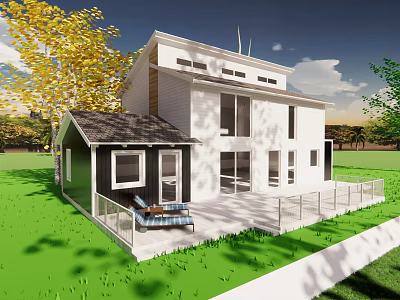 Modern Single Family Home With White Exterior Black Windows Patio Railing And Green Lawn 3d model