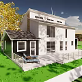 Modern Single Family Home With White Exterior Black Windows Patio Railing And Green Lawn