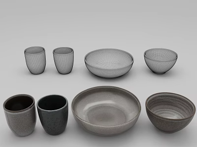 Modern Textured Gray Ceramic Dinnerware Set With Various Size Bowls And Cups 3d model