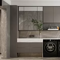 Modern Dining And Living Room With Gray Cabinets Marble Walls Mirror And Green Plant