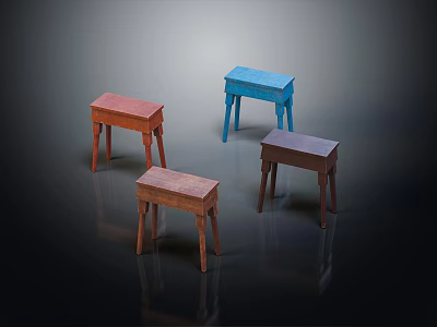 Red Blue and Brown Wooden Stools With Simple Design On Dark Background 3d model
