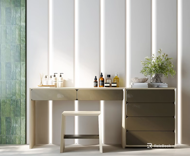 Modern Dressing Table Interior With Drawers Stool Cosmetics And Green Plant 3d model