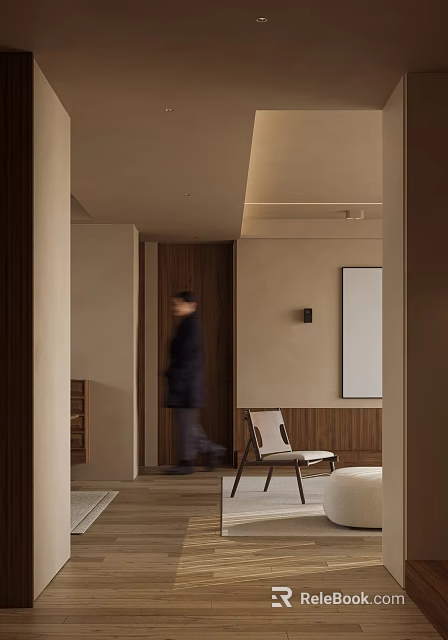 Modern Living And Dining Room Interior With Wooden Elements Beige Walls And Simple Chair 3d model 