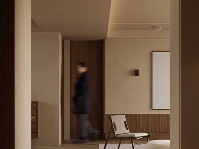 Modern Living And Dining Room Interior With Wooden Elements Beige Walls And Simple Chair 3d model