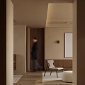 Modern Living And Dining Room Interior With Wooden Elements Beige Walls And Simple Chair