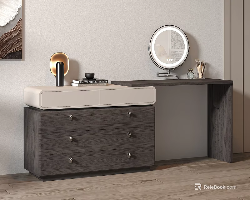 Modern Gray Wooden Dressing Table With Round Mirror And Multiple Drawers 3d model