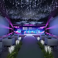 Elegant Stage Setup With Purple Pink Lighting Ceiling Decor Background Screen And Seating Area 3d model