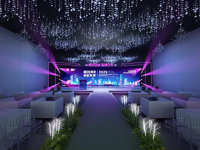 Elegant Stage Setup With Purple Pink Lighting Ceiling Decor Background Screen And Seating Area 3d model