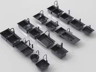 Black Kitchen Sinks With Faucets In Various Modern Designs And Sizes 3d model