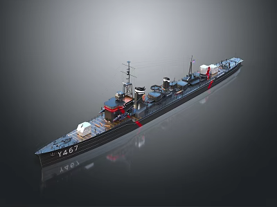 Warship Model Y401 With Detailed Deck Structure Smokestacks Masts on Dark Surface 3d model