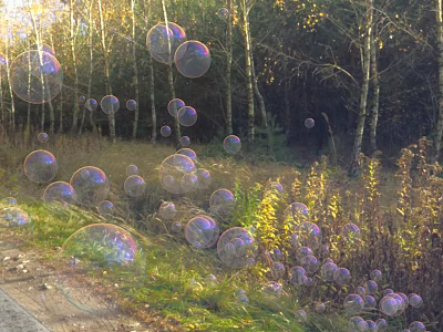 Magical Outdoor Stage with Floating Soap Bubbles Sunlit Trees and Lush Grass 3d model