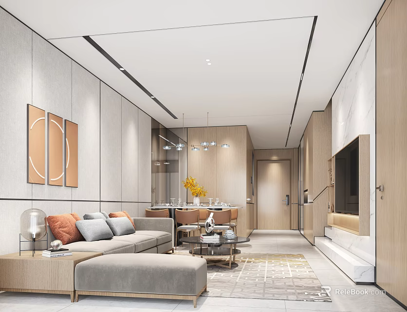 Modern Living and Dining Room Interior With Sofa Coffee Table Dining Table And TV Wall 3d model