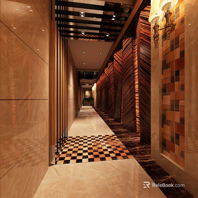 Elegant Club Corridor with Black and White Checkerboard Flooring and Wooden Striped Walls 3d model 