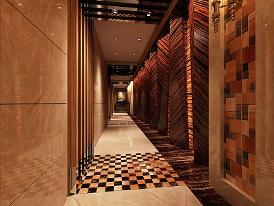 Elegant Club Corridor with Black and White Checkerboard Flooring and Wooden Striped Walls 3d model