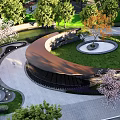 Landscape Wall In Garden With Circular Lawn Surrounding Green Trees Orange Foliage And Stone Pavement