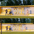 Yellow Pergola for Neighborhood Community with Green Trees and Residents Interacting Outdoors