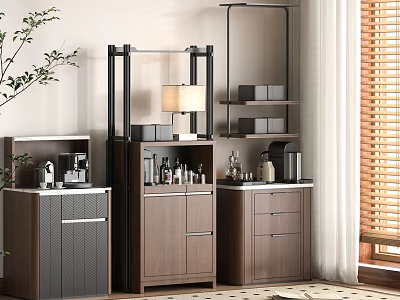 Modern Wooden Sideboard Cabinet with Storage Drawers Shelves Lamp Bottles and Plant Near Window Blinds 3d model
