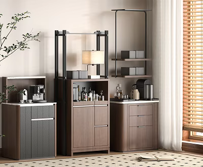 Modern Wooden Sideboard Cabinet with Storage Drawers Shelves Lamp Bottles and Plant Near Window Blinds 3d model