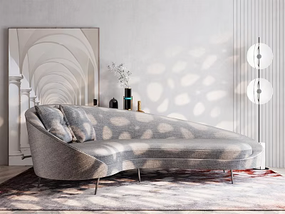 Modern Curved Multi person Sofa With Pillows Floor Lamp Sunlight Patterns And Carpet 3d model