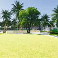 Serene Park Landscape Featuring Lush Green Lawns Curved Pathways Palm Trees And Water Features