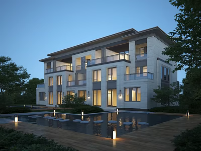 Elegant Townhouse Exterior With Stone Facade Balconies Windows And Evening Pool Lighting Surrounded by Greenery 3d model