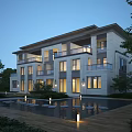 Elegant Townhouse Exterior With Stone Facade Balconies Windows And Evening Pool Lighting Surrounded by Greenery