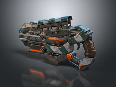 Futuristic Sci Fi Weapon With Green Orange Accents Metallic Texture And Mechanical Grip 3d model