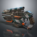 Futuristic Sci Fi Weapon With Green Orange Accents Metallic Texture And Mechanical Grip