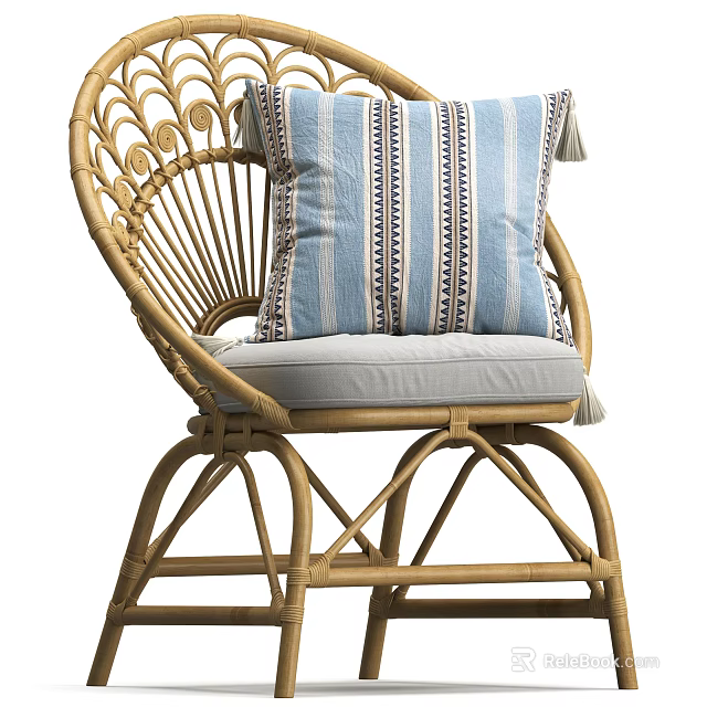 Rattan Leisure Chair With Blue And White Striped Cushion Gray Seat Natural Comfortable Design 3d model 