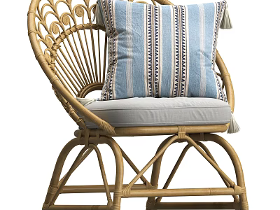 Rattan Leisure Chair With Blue And White Striped Cushion Gray Seat Natural Comfortable Design 3d model