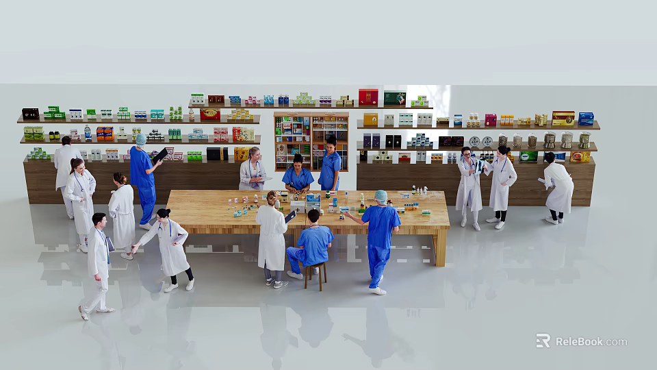People in White Coats and Blue Uniforms Collaborating Around Long Table with Shelves of Supplies 3d model 