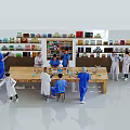 People in White Coats and Blue Uniforms Collaborating Around Long Table with Shelves of Supplies
