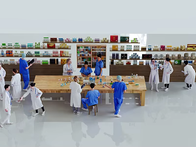 People in White Coats and Blue Uniforms Collaborating Around Long Table with Shelves of Supplies 3d model