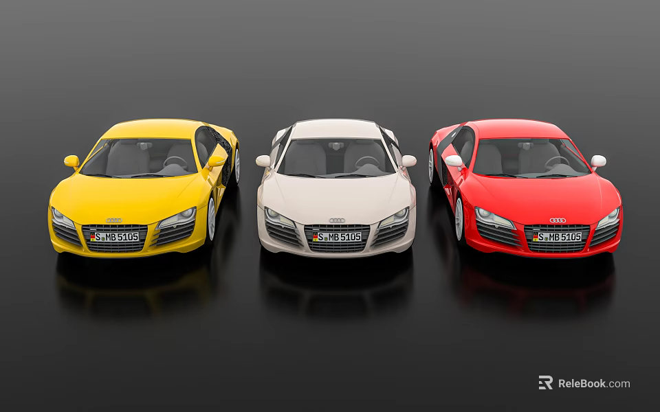 Three Sleek Sports Cars in Yellow White and Red Colors Displayed Side by Side 3d model 