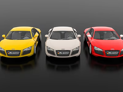 Three Sleek Sports Cars in Yellow White and Red Colors Displayed Side by Side 3d model
