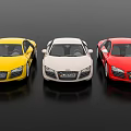 Three Sleek Sports Cars in Yellow White and Red Colors Displayed Side by Side