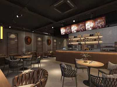 Modern Cafe Interior Design With Wooden Tables Wicker Chairs Hanging Decorations And Warm Lighting 3d model