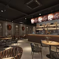 Modern Cafe Interior Design With Wooden Tables Wicker Chairs Hanging Decorations And Warm Lighting