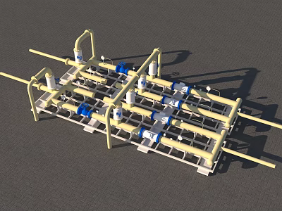 Industrial Pipeline Framework With Yellow Pipes Blue Valves And White Components 3d model
