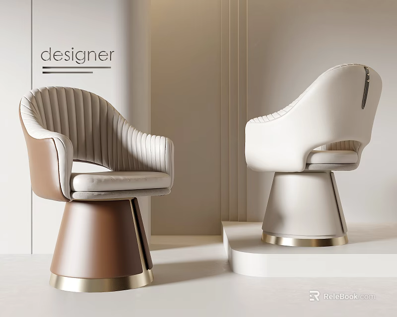 Modern Single Chair With Ribbed Backrest Conical Metal Base And Beige Brown White Design 3d model 