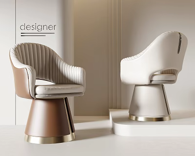 Modern Single Chair With Ribbed Backrest Conical Metal Base And Beige Brown White Design 3d model