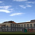 Red Brick Industrial Plant With Red Roof Single Story Windows Spacious Square Under Blue Sky