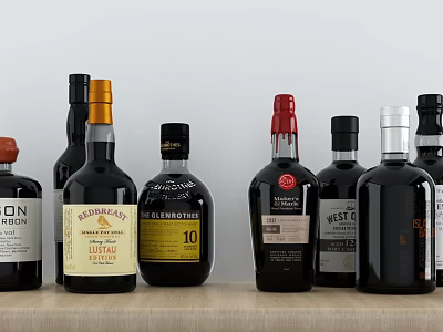 Various Brand Whiskey Bottles With 10 Year Labels On Wooden Display Shelf 3d model
